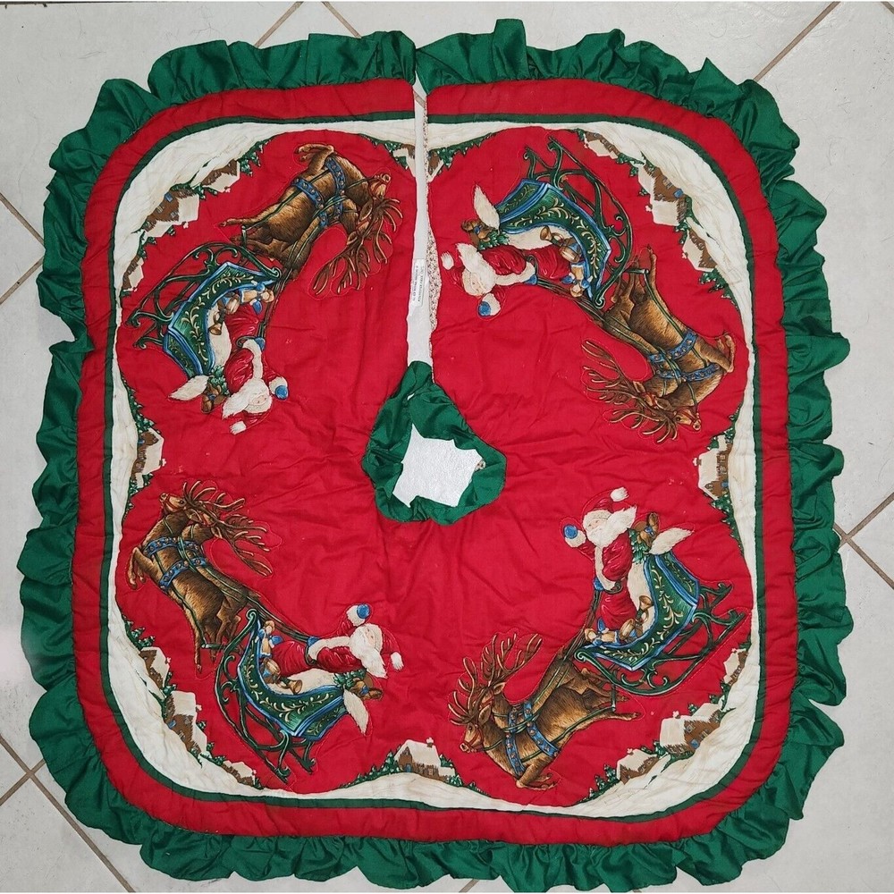 Vintage Christmas Tree Skirt Dimensions West Made in USA Santa & Reindeer retro